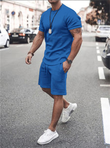 Mens 2 Piece Set Summer Solid Sport Hawaiian Suit Short Sleeve T Shirt and Shorts Casual Fashion Man Clothing