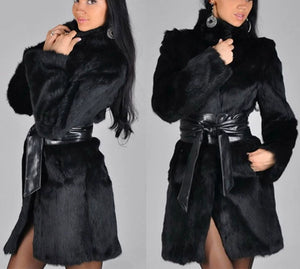 Women's Autumn and Winter Fox Fur Faux Mink Leather Mid Length Coat