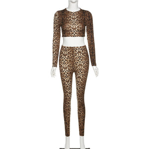 Seamless Fitness Leopard Print Tracksuits 2 Piece Set Women Long Sleeve Skinny Top+High Waist Leggings Workout Outfits