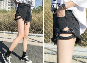 Rivet denim summer women high waist loose tassel jean shorts