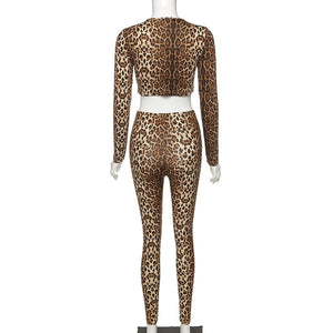 Seamless Fitness Leopard Print Tracksuits 2 Piece Set Women Long Sleeve Skinny Top+High Waist Leggings Workout Outfits