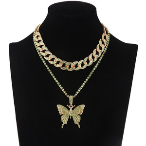 Iced Butterfly Necklace Set w/ Cuban Link Chain, Choker Necklace