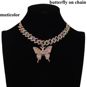 Iced Butterfly Necklace Set w/ Cuban Link Chain, Choker Necklace