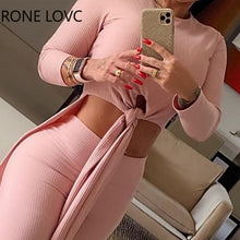 Load image into Gallery viewer, Women Sexy Solid Knotted O-Neck Long Sleeves Top &amp; High Waist Pants Set, 2 Piece Set For Women