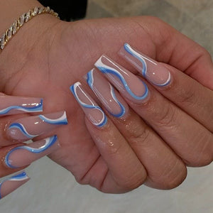 24pcs blue white Wavy lines Detachable Long Ballerina False Nails With Design Wearable, Fake Nails Full Cover Nail Tips