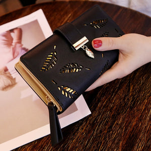 Women Gold Hollow Leaves PU Leather Wallet