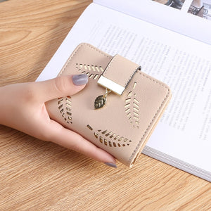 Women Gold Hollow Leaves PU Leather Wallet