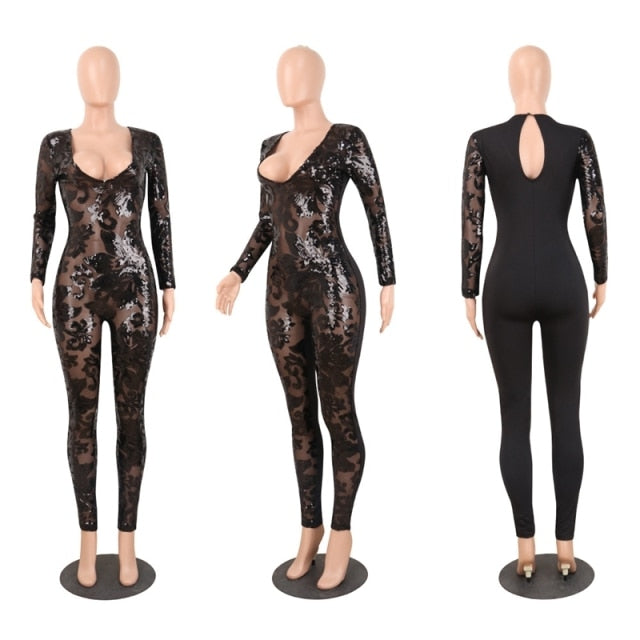 See-Through Black Sequin Women Jumpsuit