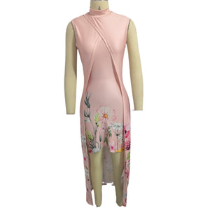 Fashion High Neck Asymmetrical Sleeveless, Floral Print Dress