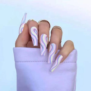 24pcs blue white Wavy lines Detachable Long Ballerina False Nails With Design Wearable, Fake Nails Full Cover Nail Tips
