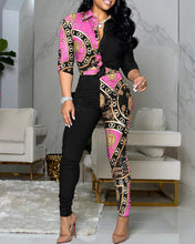 Load image into Gallery viewer, Fashion Designer Printed Stitching Crop Top Shirt &amp; Slimming Pants Two Piece Set