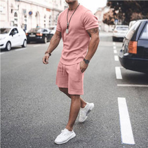 Mens 2 Piece Set Summer Solid Sport Hawaiian Suit Short Sleeve T Shirt and Shorts Casual Fashion Man Clothing