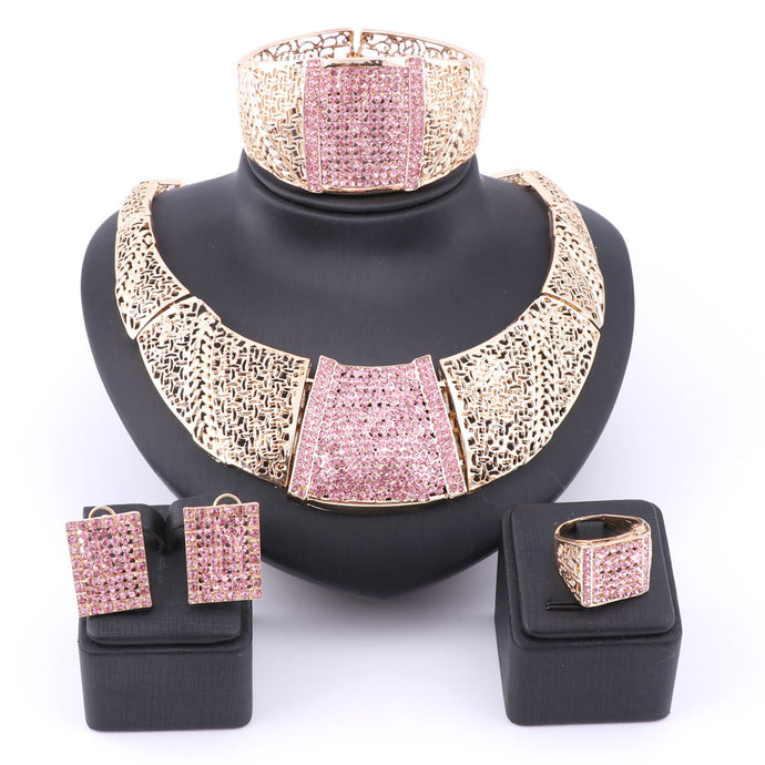 Pink Austrian Crystal Rhinestone Women Wedding Necklace, Bangle, & Earring Ring Jewelry Set